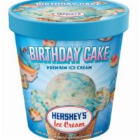 Hershey’S Birthday Cake Round Pint · Cake flavored ice cream with a bright blue frosting swirl and confetti colored cake pieces.