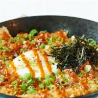 Kimchi Fried Rice · tiger shrimp, nueske's bacon, fried egg, nori, scallion ginger oil, gochujang (cannot be mad...