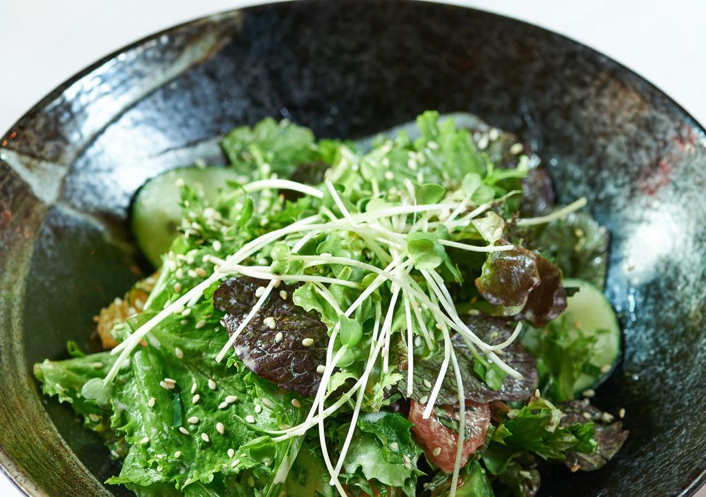 Local Greens Salad · local greens, ginger sesame dressing, shiso, radish. Not safe for: Sesame, Egg (Dressing)