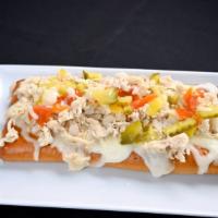 Chicken Cheese Steak Jawn · Our custom made pretzel topped with chicken cheese steak, our special blended cheeses, spice...