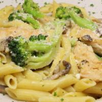 Chicken, Broccoli & Penne · Chicken tenders sautéed with broccoli and mushrooms, then tossed with penne in a garlic butt...