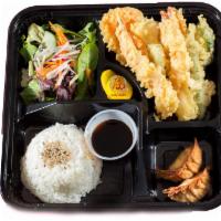 Shrimp Tempura Box · 2 pcs shrimp  and assorted vegetables tempura, 2 pcs of fried gyoza, green salad with ginger...