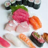 Sushi & Sashimi Assortment · Nine pieces of sashimi, six pieces of nigiri and 6 pieces mixed of Tuna and Cucumber roll