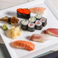 Sushi Assortment · Six pieces of nigiri: tuna, salmon, fluke, eel, shrimp, yellowtail, six pieces of roll: tuna...