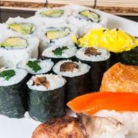 Vegetarian Sushi · Four pieces of nigiri: inari, shiitake, seaweed salad, oshinko, three pieces of roll: spinac...