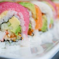 Rainbow Roll · Tuna, salmon, and white fish wrapped cucumber, avocado, crab stick, and fish roe.