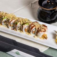 Butterfly Roll · Shrimp tempura, crab stick, eel inside, and top with avocado and crab stick with spicy mayon...