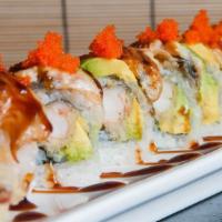 Dragon Roll · Eel and avocado wrapped shrimp tempura.