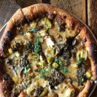 Vespa Pizza · porcini crema, mozz, roasted leeks, wild mushrooms, black truffle sauce