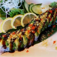 Green Dragon Roll · (8 pcs) Cucumber, shrimp tempura, with sliced avocado and masago on top.
