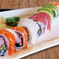 Rainbow Roll · (8 pcs) Crabmeat and cucumber, with assorted fish on top.