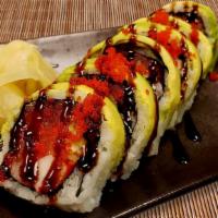 Super Duper Roll · (6 pcs) Tuna, Salmon, Yellowtail,
Cucumber, Crab Meat. with Avocado & Masago on Top.
