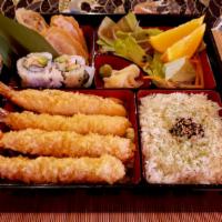 Tempura Bento · Come with  four pieces of California rolls, one piece of veggie spring roll, two pieces of d...