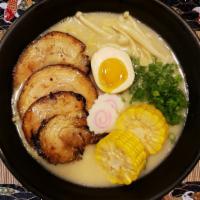 Tonkotsu Ramen · Topping :
Chopped Scallion, Corn, Mushroom, Naruto & Seasoned Boiled Egg (1/2).
Soup (12oz) ...