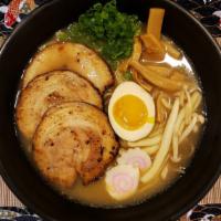 Shoyu Ramen · Topping :
Bamboo Shoots, Chopped Scallion, Mushroom, Naruto & Seasoned Boiled Egg (1/2).
Sou...