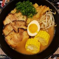 Miso Ramen · Topping :
Bamboo Shoots, Bean Sprouts, Chopped Scallion, 
Corn & Seasoned Boiled Egg (1/2).
...