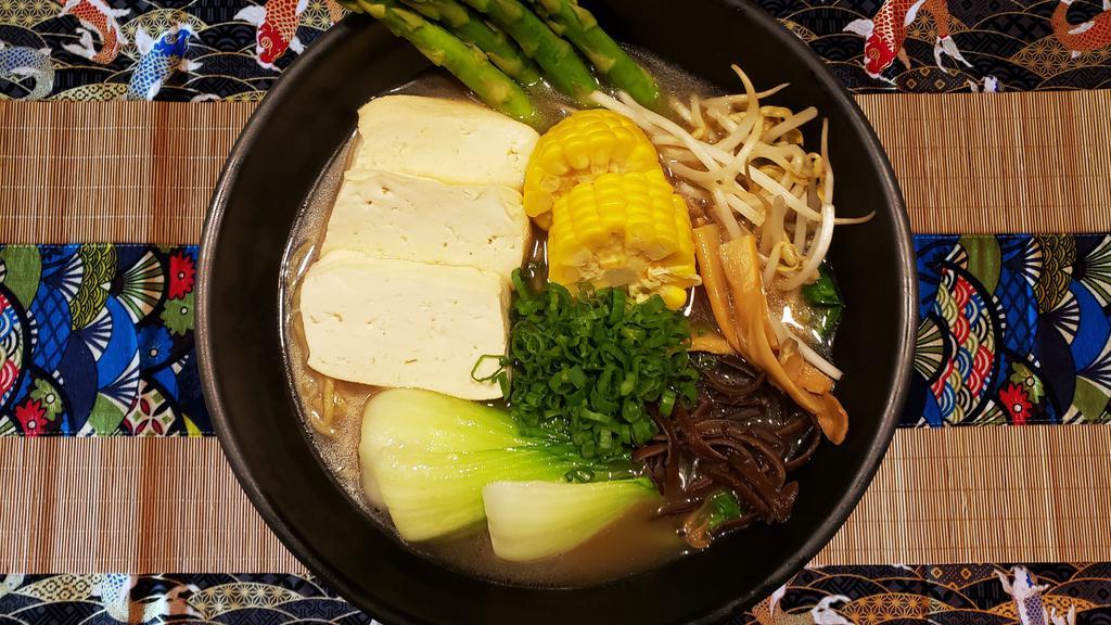 Vegetarian Ramen · Topping :
Bamboo Shoots, Bean Sprouts, Bok Choy, Black Fungus, Chopped Scallion & Corn.
Choice of Soup (12oz) 
Vegetables :
Asparagus & Tofu.