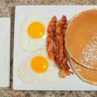 Lakeview Combo · Two pancakes or French toast, two eggs, and bacon or sausage.