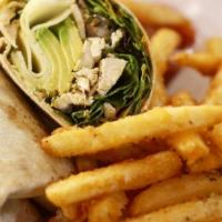 Chicken Avocado Wrap · With chicken, avocado, bacon, Swiss cheese, spring mix and honey mustard with a side of frie...