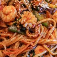 Stir-Fried Seafood Jambong Noodle · Stir-fried seafood and vegetables in a spicy jambong sauce with noodle.