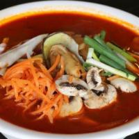 Seafood Jjambong Noodle · Extra seafood and vegetables in a spicy broth.