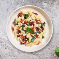 Mediterranean Fever Mac · (Vegetarian) Fresh diced tomatoes, olives, goat cheese, feta, and spinach cooked in a blend ...