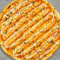 Buffy Buffalo Chicken Pizza · Spicy and crispy chicken with mozzarella, blue cheese or ranch baked on a 16-inch hand-tosse...