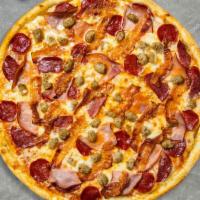 Meat The Great Pizza · Pepperoni, sausage, ham, salami, hamburger and linguica baked on a 16-inch hand-tossed dough.