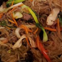 Beef Japchae · Stir-fried glass noodles with beef and vegetables.