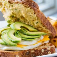 Avocado Sandwich · Vegetarian. Fried eggs, avocado, cheddar, and pesto on wheat