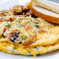 Signature Omelets · -Black bean salsa: avocado and cheddar.  
-Grilled Apple: bacon and blue cheese. 
-Smoked Sa...