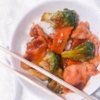 Steamed Chicken With Broccoli · Steamed with sauce on the side with white rice.