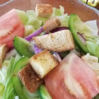 Crispy Chicken Salad · breaded chicken tenders. bacon, raisins, tomato. cucumber, shredded carrot, red onions, hard...