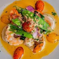 Camaron Al Ajillo / Shirmp Scampi Peruvian Style (Gf, D) · seared shrimp prepared with garlic, onion, aji amarillo, heavy cream, white wine, onions, sc...
