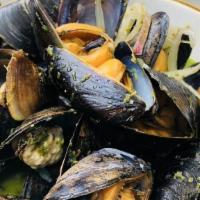 Moules Marinières · Mussels, white wine, shallots, parsley, garlic & butter broth