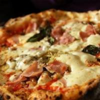 Capri Pizza · Crushed tomatoes, house mozzarella, mushrooms, ham, olives, artichoke, and a splash of extra...