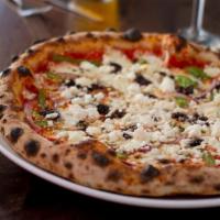 Greco Pizza · House mozzarella, feta, red onions, green peppers, oregano, olives, crushed tomato sauce, an...
