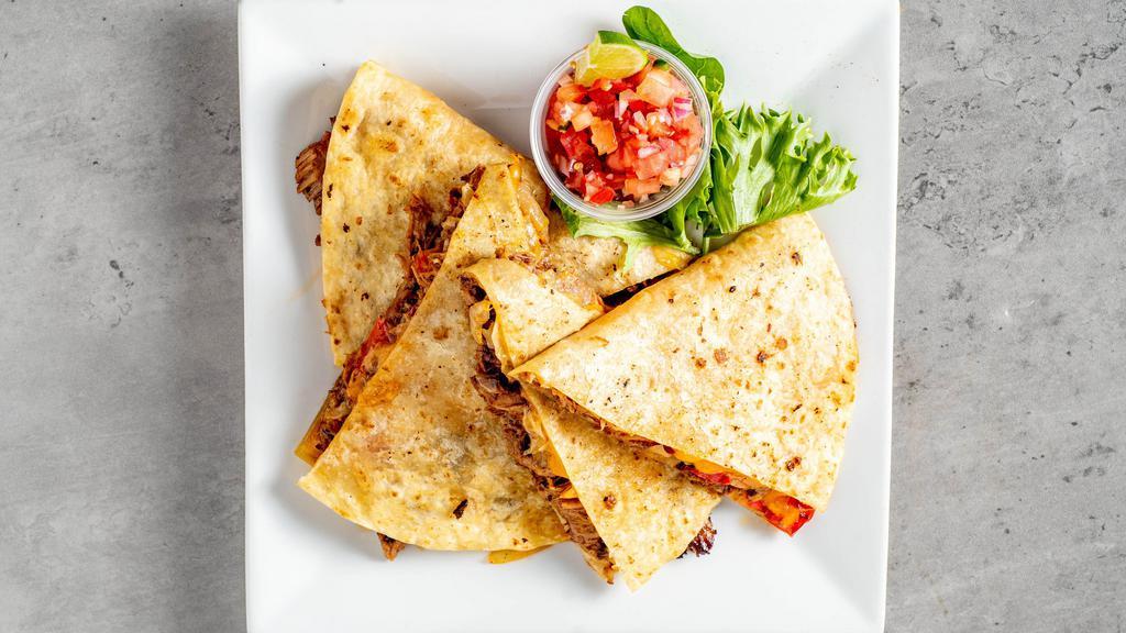 Quesadillas · Sautéed peppers and onions, Monterey jack &cheddar cheese blend.

chicken, Philly cheese steak, or brisket.  $12.99