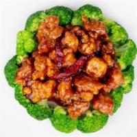 General Gau'S Chicken · Hot. Crispy chunks of chicken sautéed with chef's special spicy sauce garnished with broccoli.