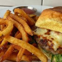 Oyster House Burger · Red onion jam, oyster mayo, cooper sharp, Martin's Potato roll. Served with hand cut fries.