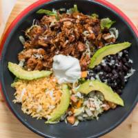 Open Bowl Burrito · Your choice of grilled chicken, steak, carnitas or grilled vegetables, served with rice, bla...
