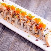 Kumagoro Roll · Shrimp Tempura, avocado, cream cheese, cucumber, crab meat, spicy mayo, unagi sauce, chili s...