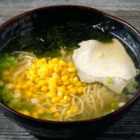 Shio Ramen · Salt flavored ramen noodle soup with green onion, seaweed, corn and pork slice.