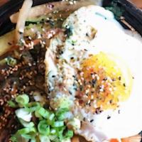 Korean Bibimbap · Pan-fried marinated chicken or tofu or beef(+$3)over rice served with Korean sauce top with ...