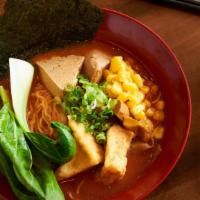 Tofu Ramen · Vegetarian. Steamed and fried tofu served with house vegetable broth topped with bok choy, c...