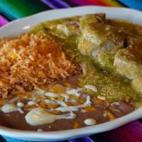 Chile Verde · Mexican style pork with green tomatillo sauce. Served with rice, beans and flour tortillas.