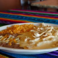 Pollo Con Crema · Chicken strips in sour cream sauce and cheese dip. Served with rice, beans and flour tortill...