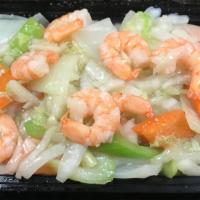 Shrimp Chow Mein 虾炒面 · Gluten free,
chow mein is not noodle, it’s vegetables, come w. crispy noodle on the side