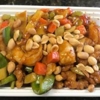 Qt Kung Pao Chicken And宫保鸡虾 Shrimp · Hot. Jumbo shrimps and chicken sautéed with celery carrots mushrooms green pepper on chef sp...