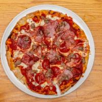 Meat Lover'S Pizza · Every meat lover's dream pizza. This pizza is loaded with mozzarella and provolone blend, pe...